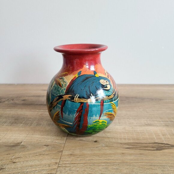 Vintage hand painted ceramic vase with exotic birds. Signed by artist pottery. - Picture 6 of 6